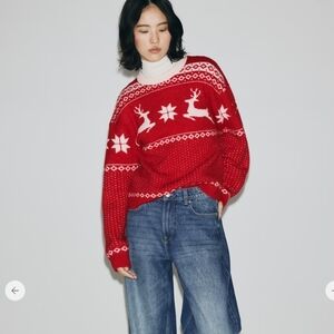 Sz XS XL New H&M Reindeer Oversized Jacquard-knit Sweater Red White